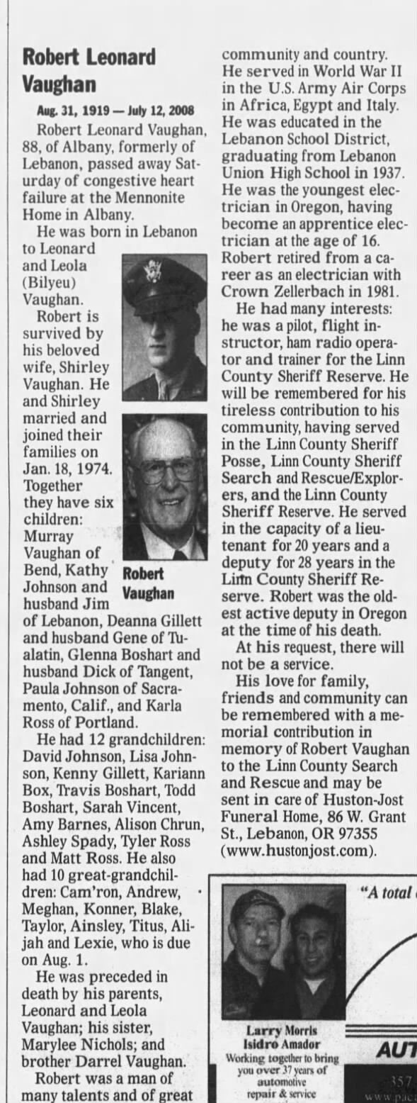Obituary for Robert Leonard Vaughan, 1919-2008 (Aged 88)